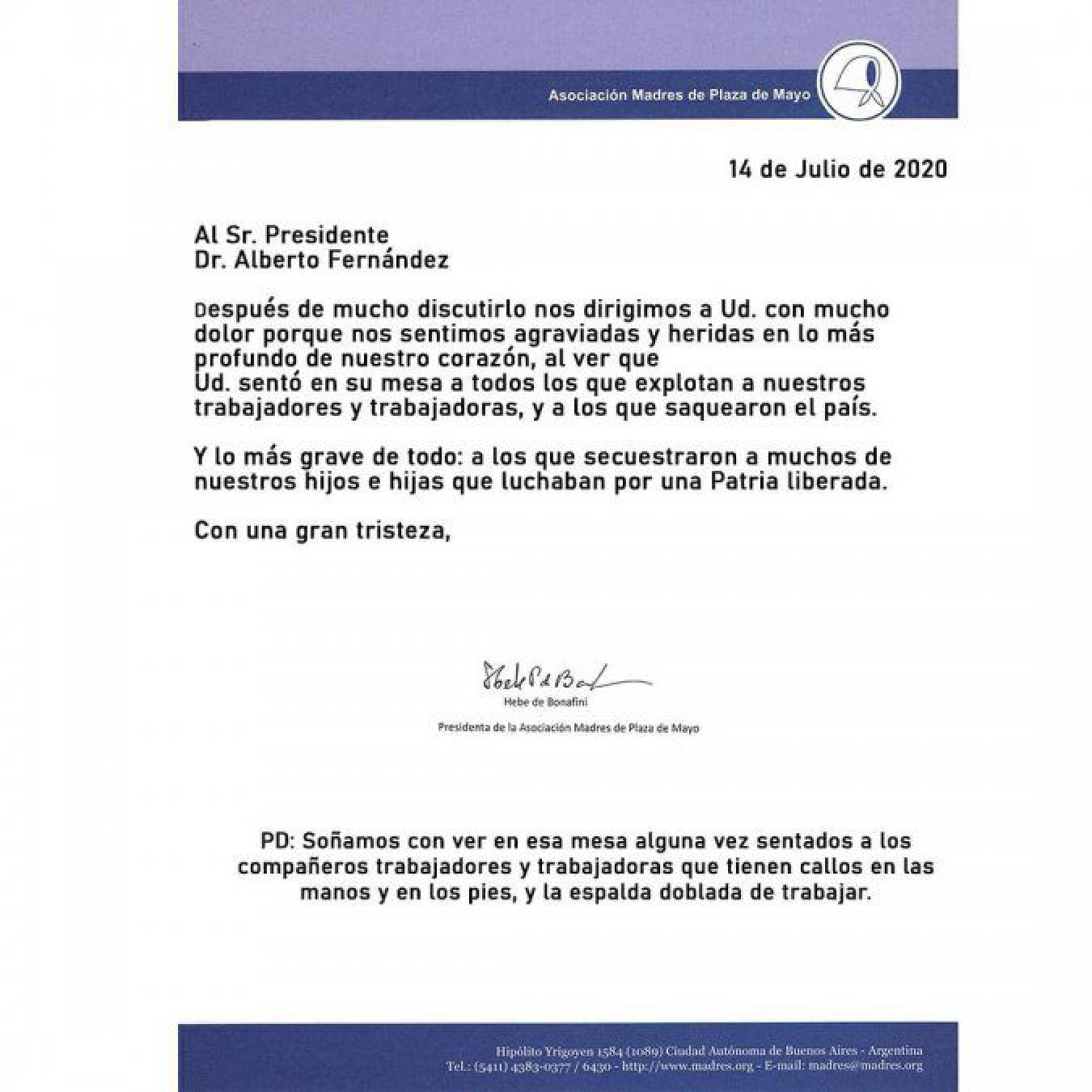 Hebe de Bonafini envió una carta a Alberto Fernández y manifestó: ”Nos sentimos agraviadas y heridas”
