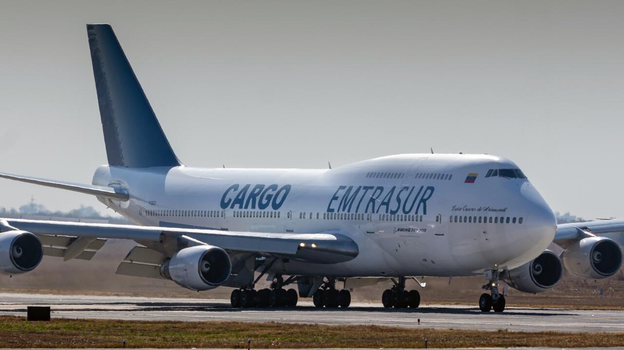 <p>View of the Boeing 747-300 registrered number YV3531 of Venezuelan Emtrasur Cargo airline at Cordoba International airport on June 6, 2022 heading to Ezeiza International airport in Buenos Aires province, Argentina.</p>