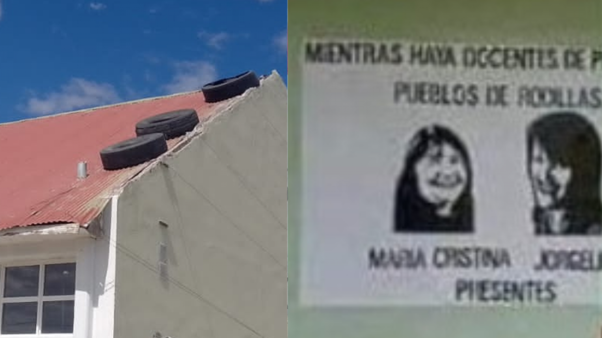 En escuela de Río Mayo donde borraron mural de docentes fallecidas de Comodoro por "mejoras", sujetan el techo con cubiertas