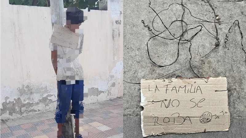Lo ataron a un poste con un cartel por "robar a la familia"