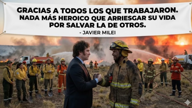 IA: Milei publicó un "ficticio" encuentro con brigadistas en medio de los incendios en Chubut