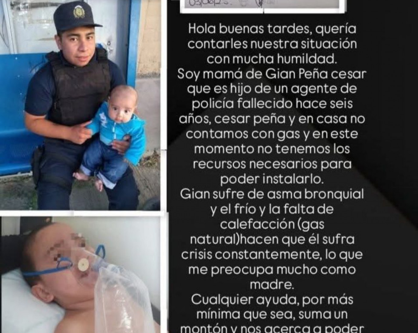 Piden ayuda para Gian, hijo de un policía fallecido: sufre asma y no tienen gas para calefaccionar su casa