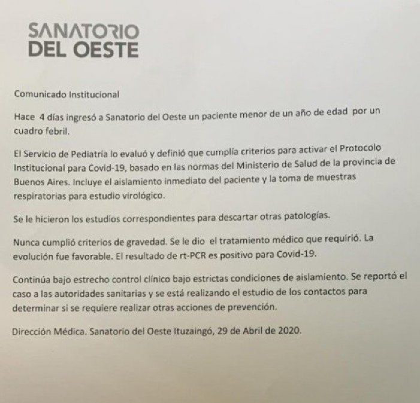 Un bebé de 11 meses dio positivo por coronavirus