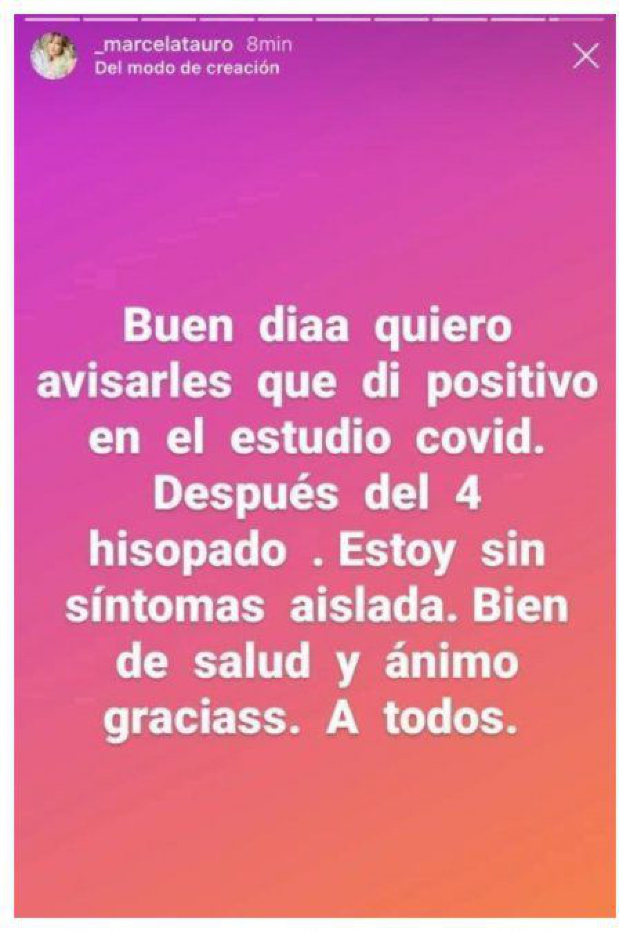 Marcela Tauro dio positivo de coronavirus