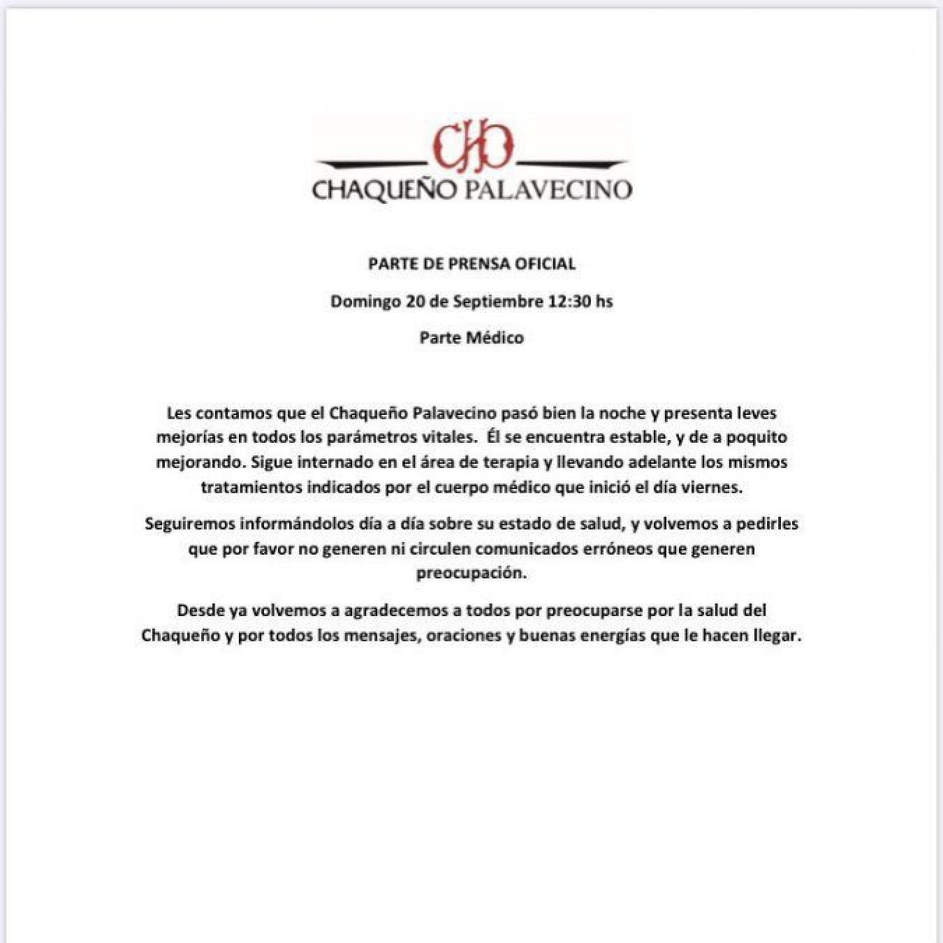 El Chaqueño Palavecino se encuentra estable y ”de a poquito mejorando”
