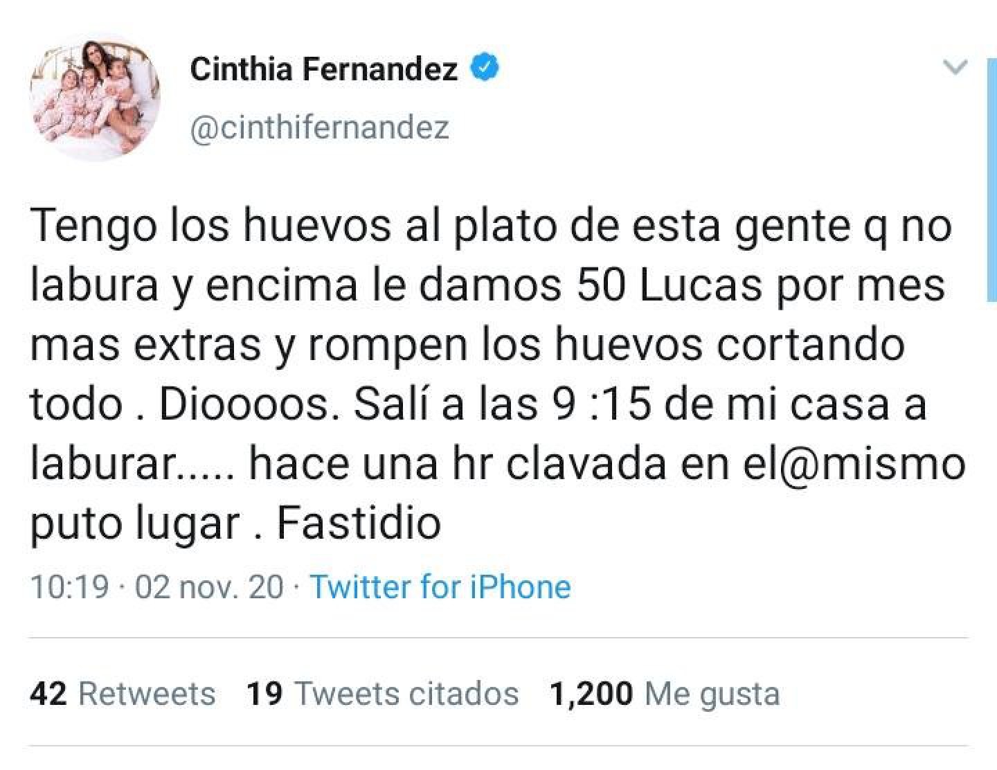 El filoso mensaje de Cinthia Fernández sobre los piquetes: ”Tengo los huevos al plato de esta gente que no labura”