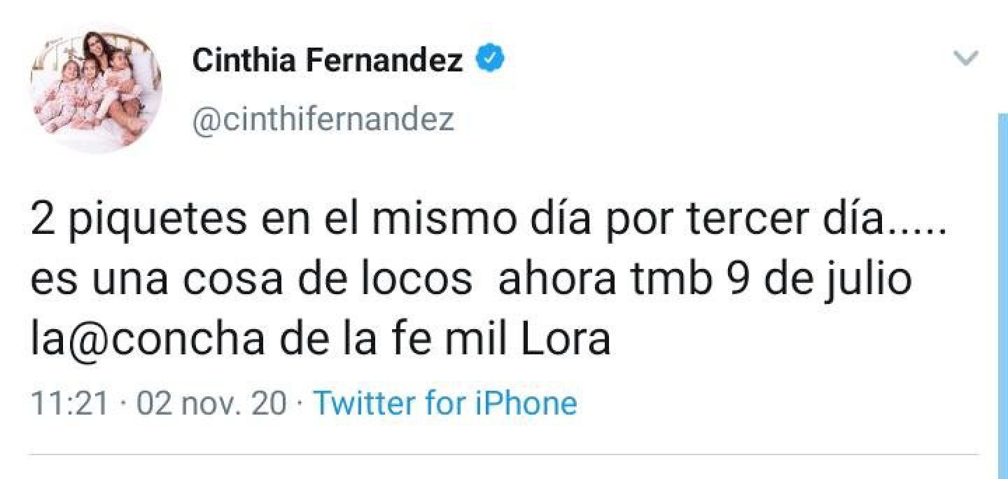El filoso mensaje de Cinthia Fernández sobre los piquetes: ”Tengo los huevos al plato de esta gente que no labura”