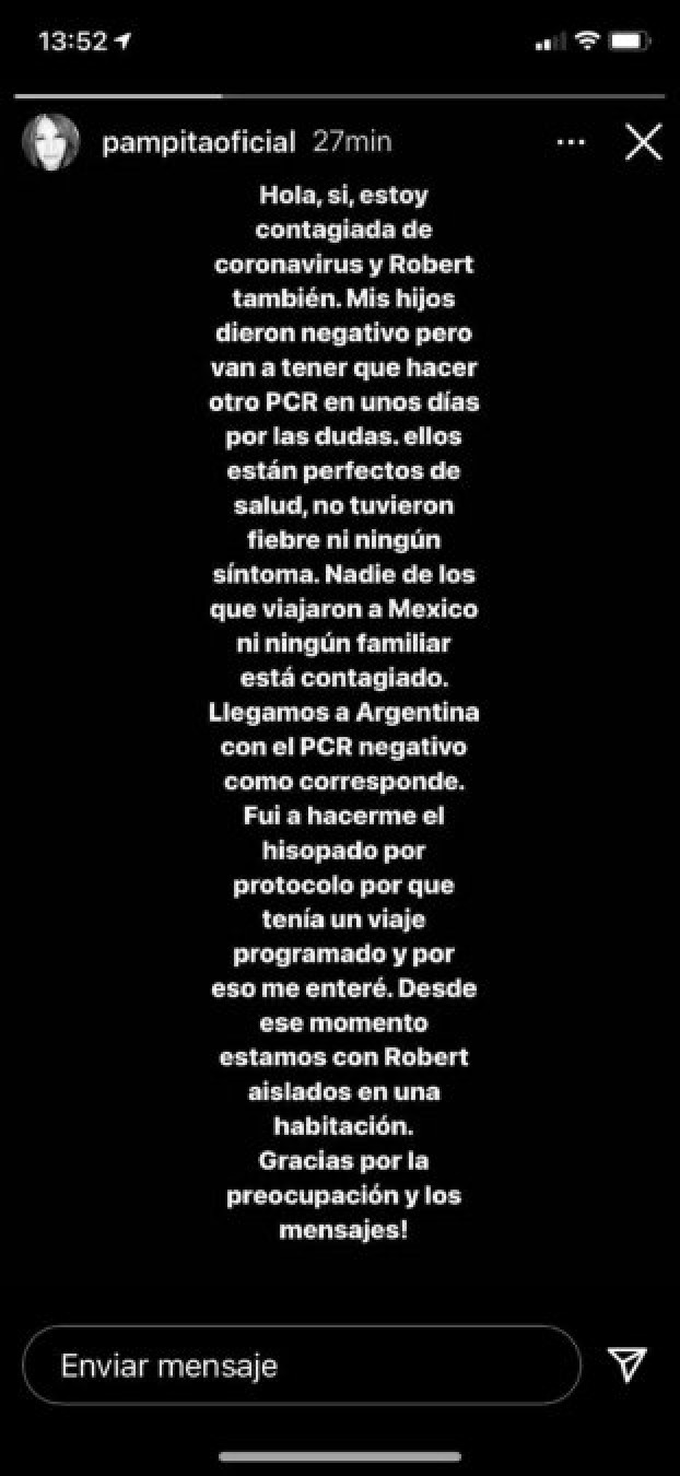Pampita, luego de contagiarse de Coronavirus: “Llegamos a Argentina con el PCR negativo”