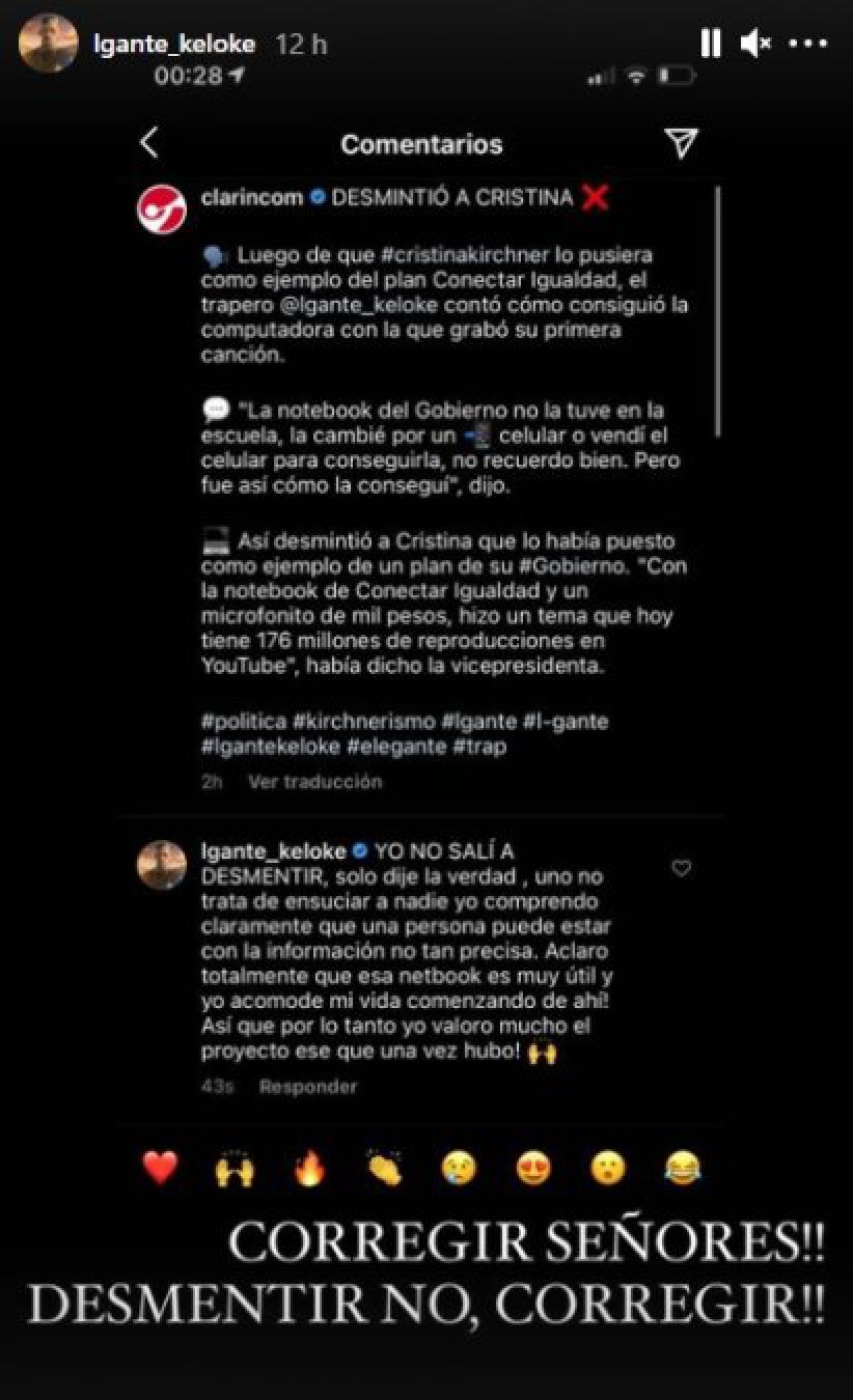 El rapero L-Gante aclaró “¡A Cristina Kirchner la corregí, no la desmentí, Señores!”